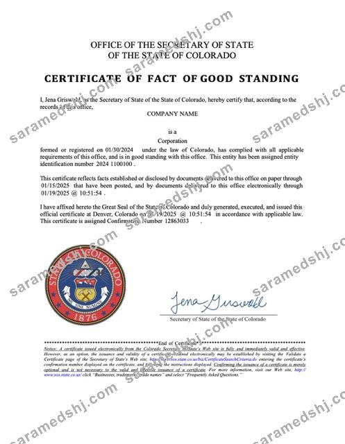 USA Colorado certificate of fact of good standing Word and PDF template